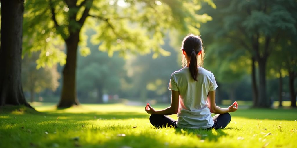 Person meditating in a sunlit green park