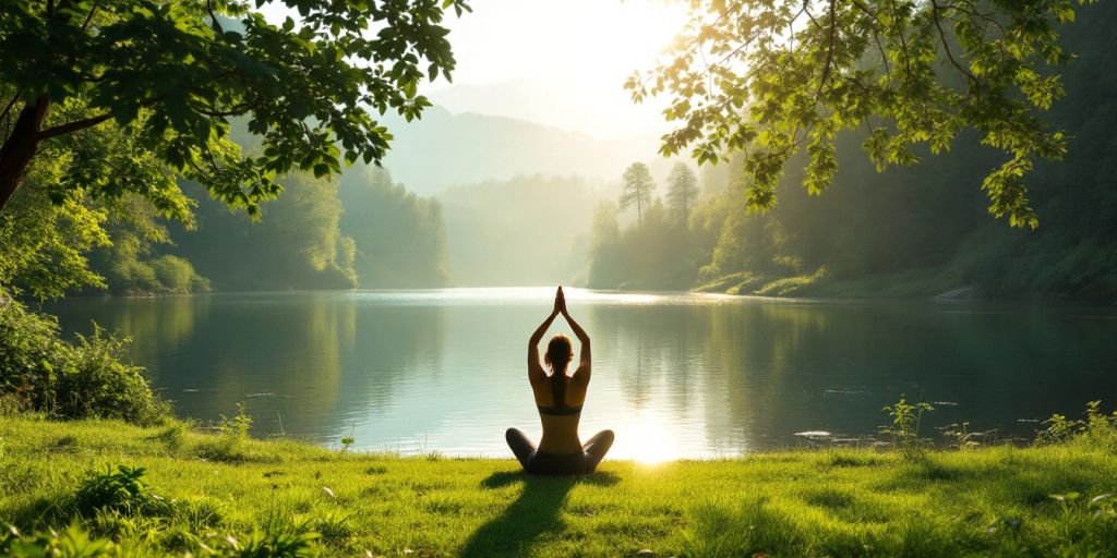 Person practicing yoga by a tranquil lake.